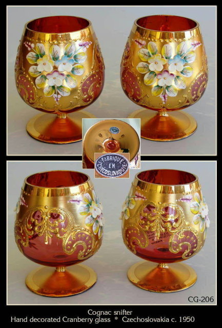 (6) CZECH ENAMELED CRANBERRY GLASS COGNAC