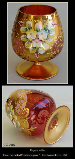 (6) CZECH ENAMELED CRANBERRY GLASS COGNAC