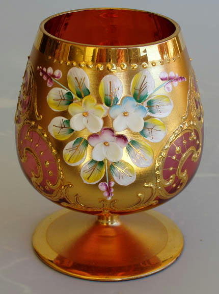 (6) CZECH ENAMELED CRANBERRY GLASS COGNAC