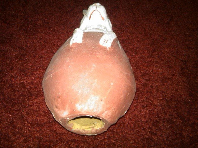 PAPER MACHE RABBIT RED EGG CANDY CONTAINER EASTER DECORATION AMERICAN DEPRESSION ERA ORNAMENT