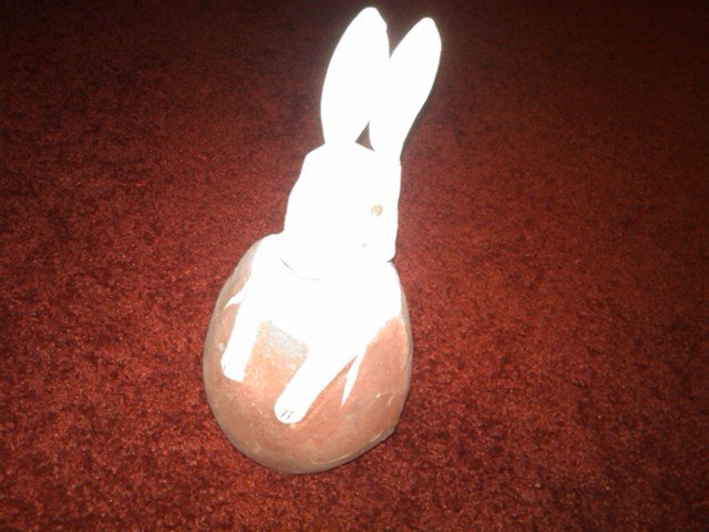 PAPER MACHE RABBIT RED EGG CANDY CONTAINER EASTER DECORATION AMERICAN DEPRESSION ERA ORNAMENT
