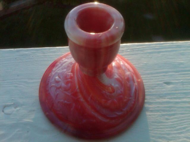 IMPERIAL GLASS CANDLEHOLDER ORANGE WHITE SWIRL END OF DAY