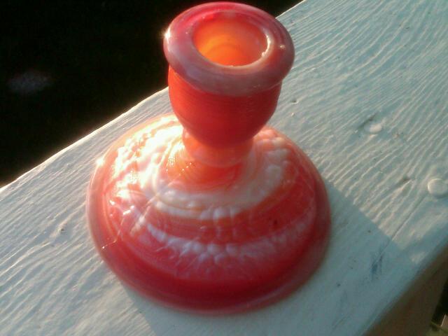 ORANGE WHITE SWIRL CANDLEHOLDER IMPERIAL GLASS END OF DAY GRAPE FRUIT PRESS PATTERN TABLEWARE