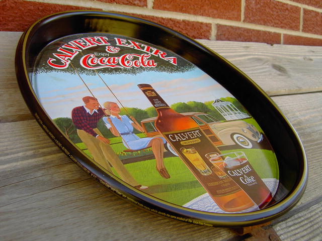 COKE COCA COLA CALVERT WHISKEY ADVERTISING TRAY PAINTED TIN SERVING PLATTER