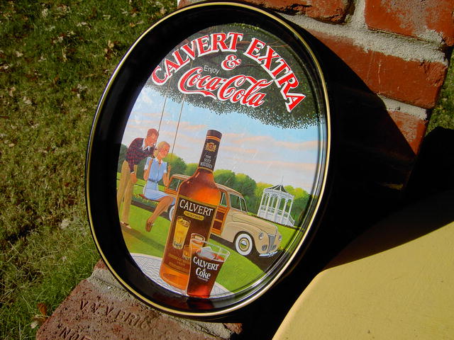 COKE COCA COLA CALVERT WHISKEY ADVERTISING TRAY PAINTED TIN SERVING PLATTER