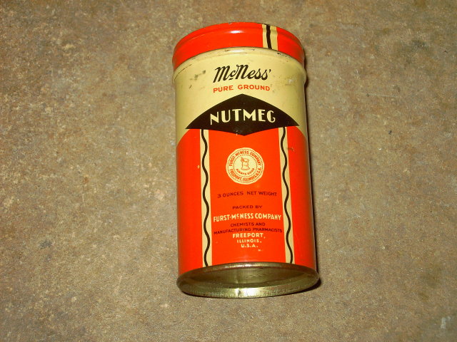 FURST MCNESS NUTMEG TIN CAN FREEPORT ILLINOIS ADVERTISING CANNISTER