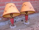 PINK PAINTED METAL TABLE LAMP WHITE GLASS BASE MATCHING DRESSER TOP LIGHT FIXTURE WITH FLOWERED SHADE