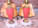 PINK PAINTED METAL TABLE LAMP WHITE GLASS BASE MATCHING DRESSER TOP LIGHT FIXTURE WITH FLOWERED SHADE