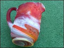 END OF THE DAY GLASS WATER PITCHER TANKARD DUTCH WINDMILL ORANGE RED WHITE SWIRL PATTERN IMPERIAL RETRO MANUFACTURER