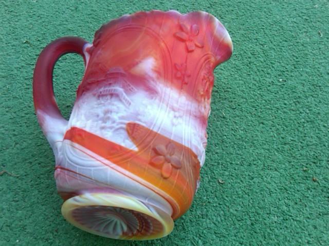 END OF THE DAY GLASS WATER PITCHER TANKARD DUTCH WINDMILL ORANGE RED WHITE SWIRL PATTERN IMPERIAL RETRO MANUFACTURER