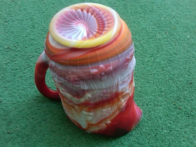END OF THE DAY GLASS WATER PITCHER TANKARD DUTCH WINDMILL ORANGE RED WHITE SWIRL PATTERN IMPERIAL RETRO MANUFACTURER