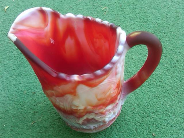 END OF THE DAY GLASS WATER PITCHER TANKARD DUTCH WINDMILL ORANGE RED WHITE SWIRL PATTERN IMPERIAL RETRO MANUFACTURER