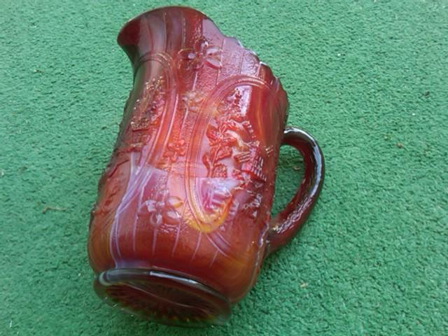 END OF THE DAY COLORED GLASS WATER PITCHER RED ORANGE SWIRL DUTCH WINDMILL PATTERN TANKARD IMPERIAL KITCHEN UTENSIL