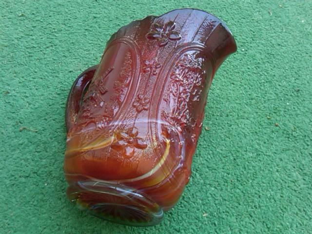 END OF THE DAY COLORED GLASS WATER PITCHER RED ORANGE SWIRL DUTCH WINDMILL PATTERN TANKARD IMPERIAL KITCHEN UTENSIL