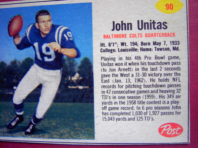 JOHN UNITAS POST CEREAL FOOTBALL CARD BALTIMORE COLTS QUARTERBACK