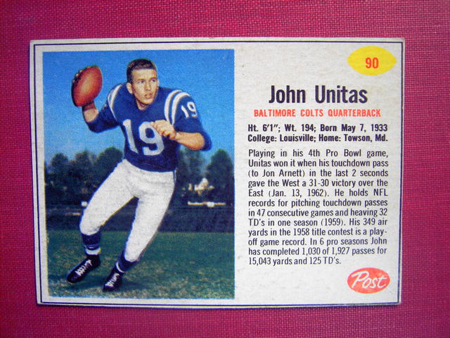 JOHN UNITAS POST CEREAL FOOTBALL CARD BALTIMORE COLTS QUARTERBACK