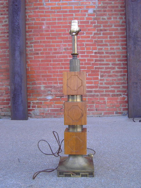 OAK WOOD PARLOR TABLE LAMP RETRO 1970'S