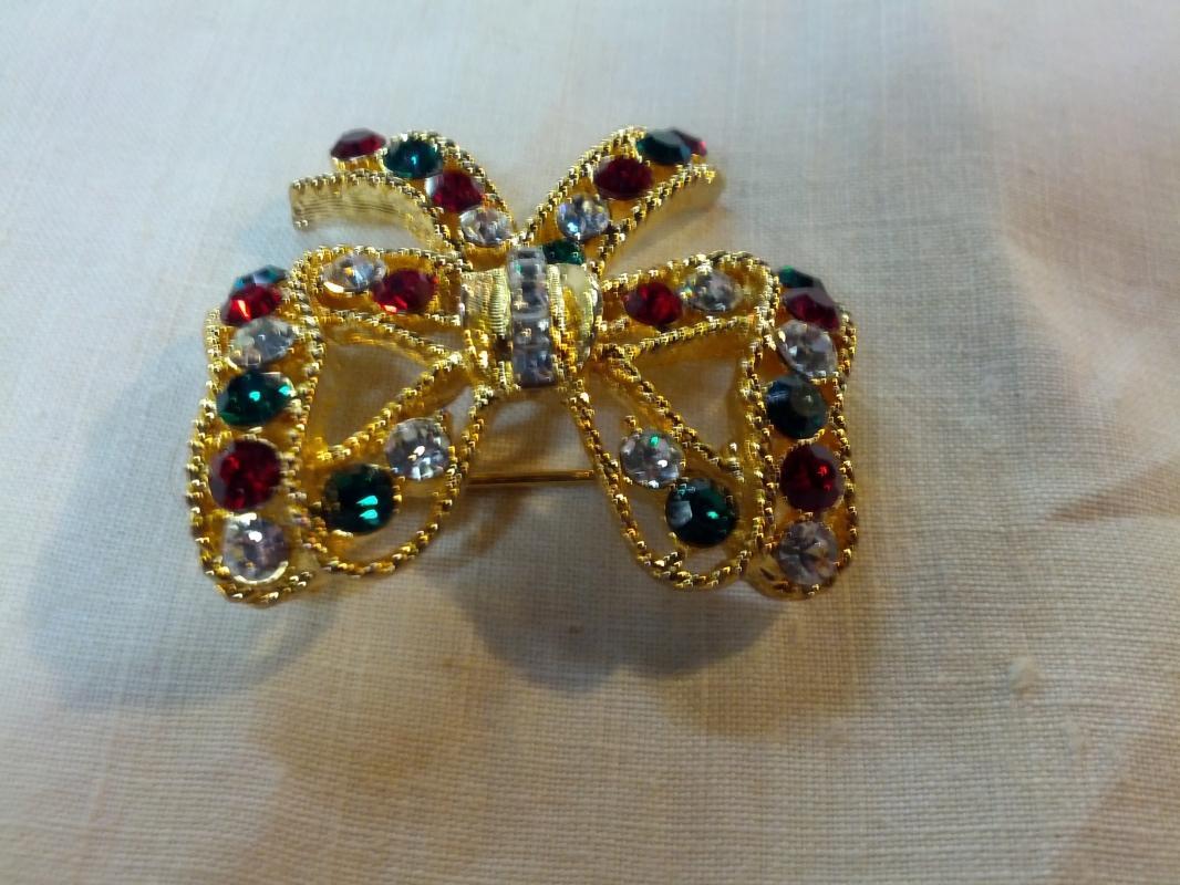EISENBERG ICE CHRISTMAS BOW TIE LAPEL PIN COLORFUL RHINESTONE BROOCH