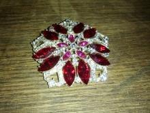 Eisenberg Ice Red Rhinestone Flower Form Brooch Pinwheel Style Lapel Jewelry Fashion Pin