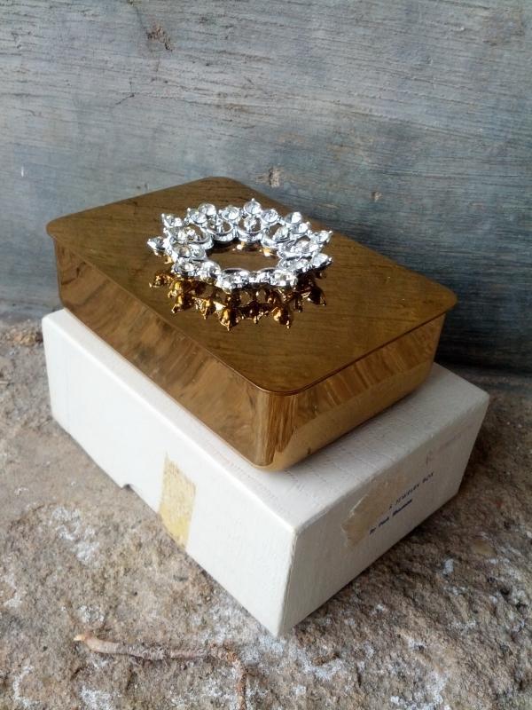 park sherman brass jewelry box rhinestone floral flower lid decoration 1950's dressing table ornament vanity decoration
