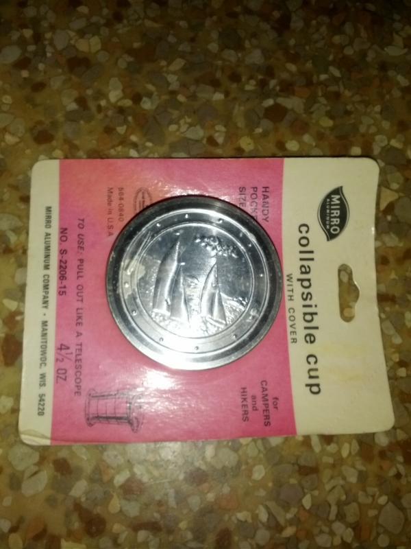 collapsible telescope cup with cover lid usa manufactured hiker camper utensil mirro aluminum company manitowoc wisconsin original blister package