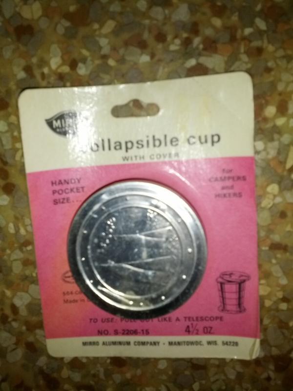 collapsible telescope cup with cover lid usa manufactured hiker camper utensil mirro aluminum company manitowoc wisconsin original blister package