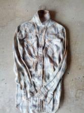 lee cowboy western wear long sleeve shirt gray orange yellow plaid pearl snap buttons american made garment