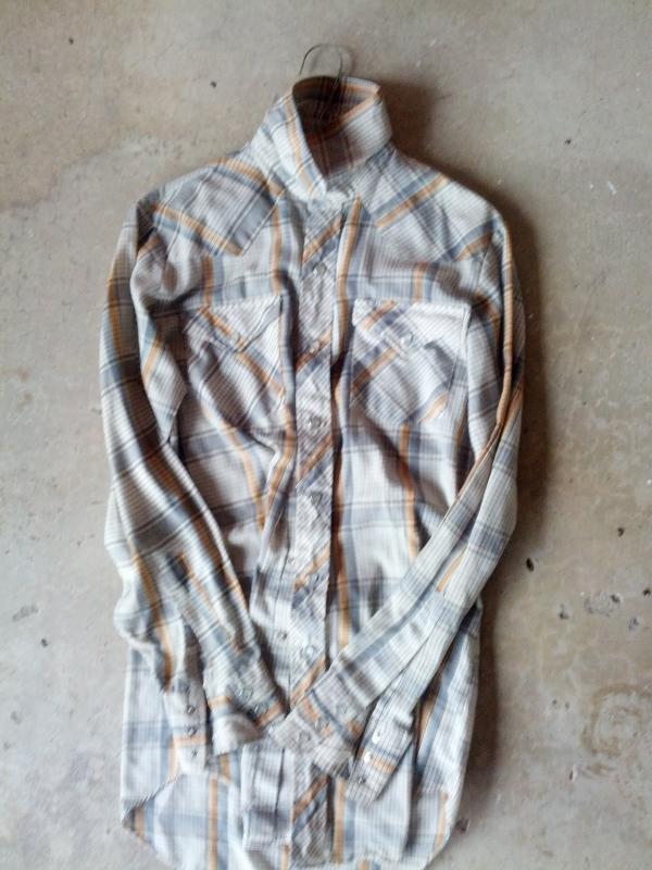 lee cowboy western wear long sleeve shirt gray orange yellow plaid pearl snap buttons american made garment