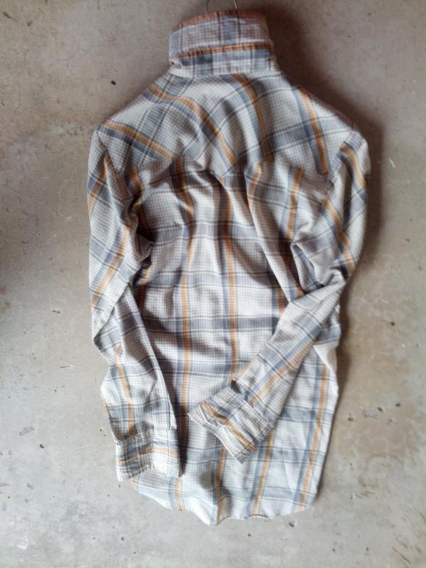 lee cowboy western wear long sleeve shirt gray orange yellow plaid pearl snap buttons american made garment