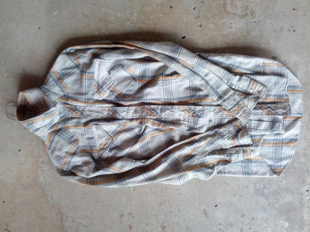 lee cowboy western wear long sleeve shirt gray orange yellow plaid pearl snap buttons american made garment