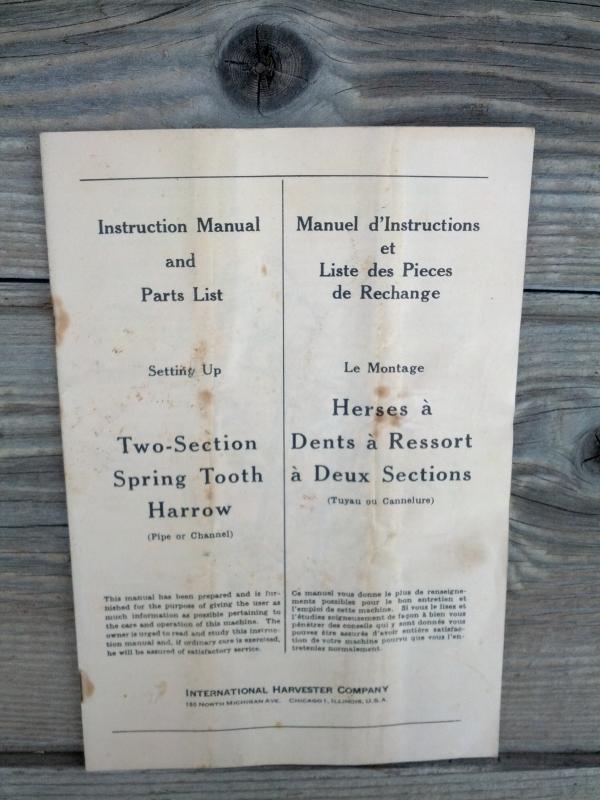 international harvester company two section spring tooth harrow instruction manual parts list booklet farm ranch machinery publication