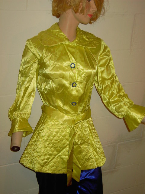 OSGOOD MADEMOISELLE SATIN NIGHT DRESS NIGHTGOWN LOUNGING PAJAMA ELECTRIC YELLOW & BLUE QUILTED