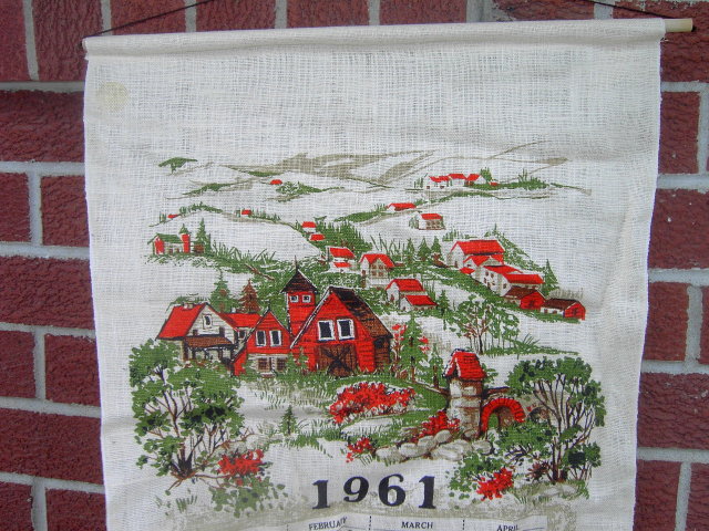 1961 STEVENS CALENDAR TOWEL KANSAS CENTENNIAL STICKER COVERED BRIDGE COUNTY TOWN SCENE