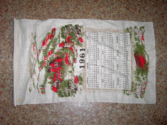 1961 STEVENS CALENDAR TOWEL KANSAS CENTENNIAL STICKER COVERED BRIDGE COUNTY TOWN SCENE