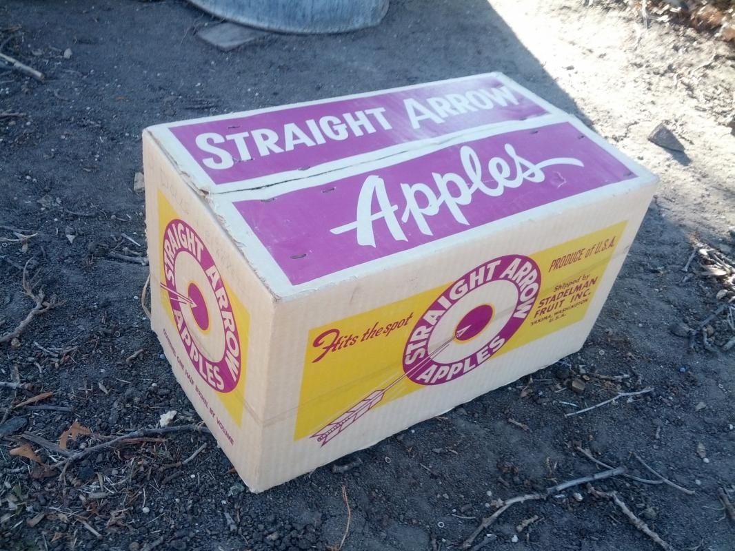 straight arrow hits the spot cardboard fruit produce box stadelman yakima washington purple yellow advertising crate 1960's grocery supply collectible