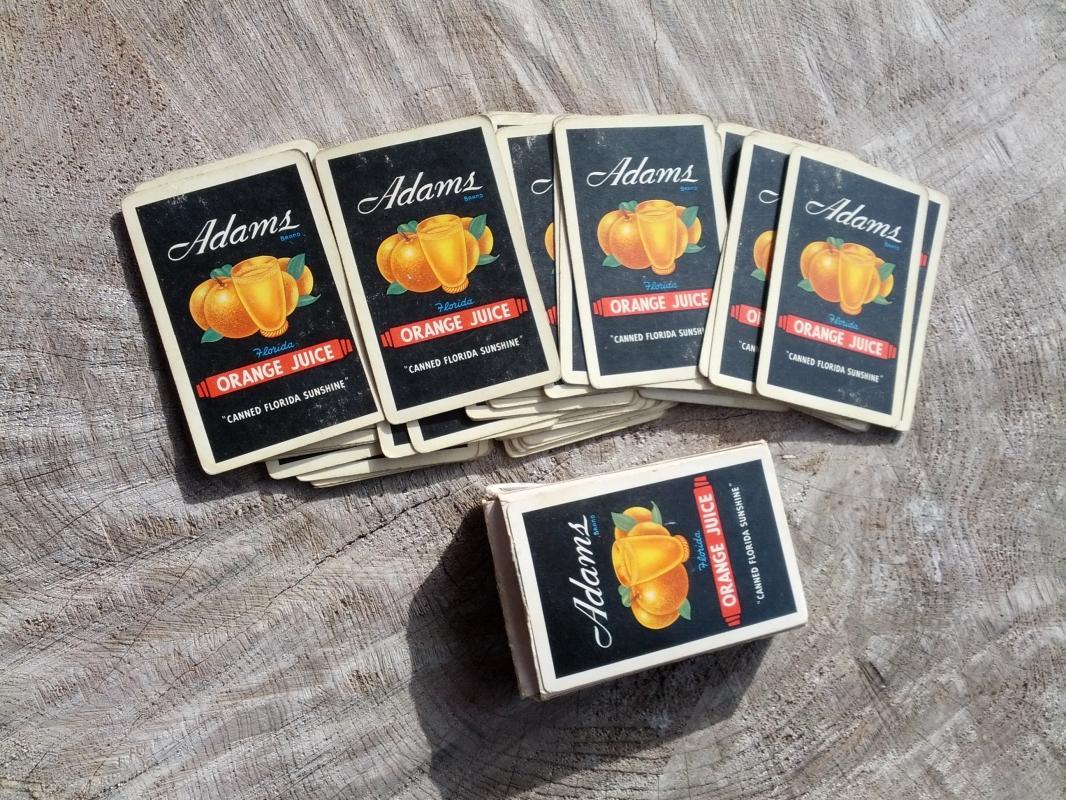 adams brand canned florida sunshine orange juice beverage advertising playing cards bridge size redi slip finish style