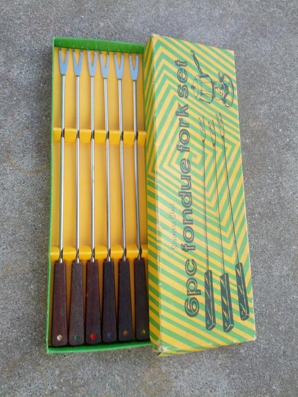 fondue fork utensil set retro era food serving kitchen tool stainless steel hardwood handle original cardboard gift box