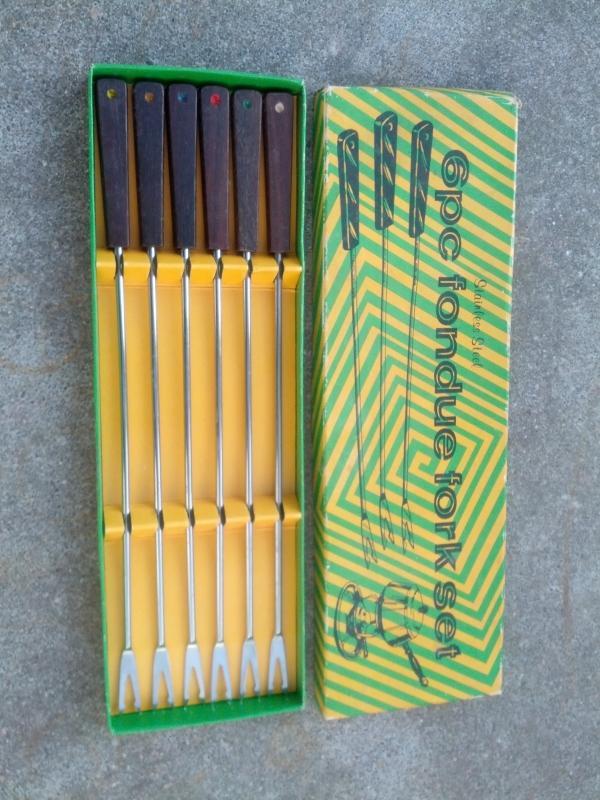 fondue fork utensil set retro era food serving kitchen tool stainless steel hardwood handle original cardboard gift box