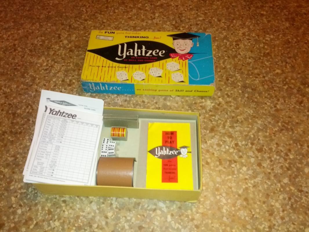 yahtzee dice skill game 1960's era family pastime lowe company new york usa manufactured activity