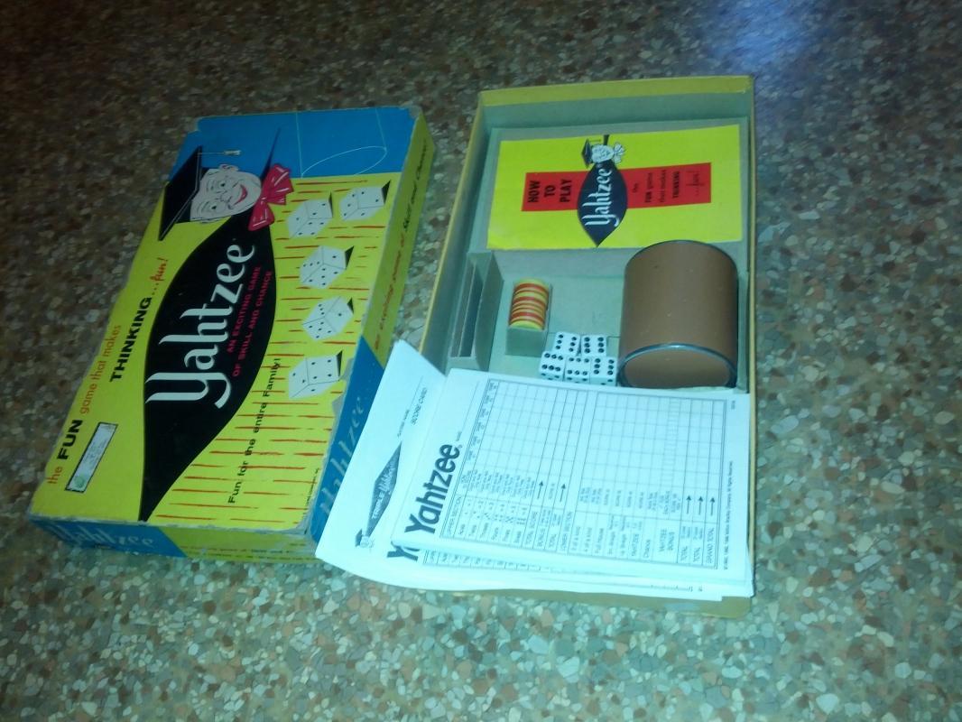 yahtzee dice skill game 1960's era family pastime lowe company new york usa manufactured activity
