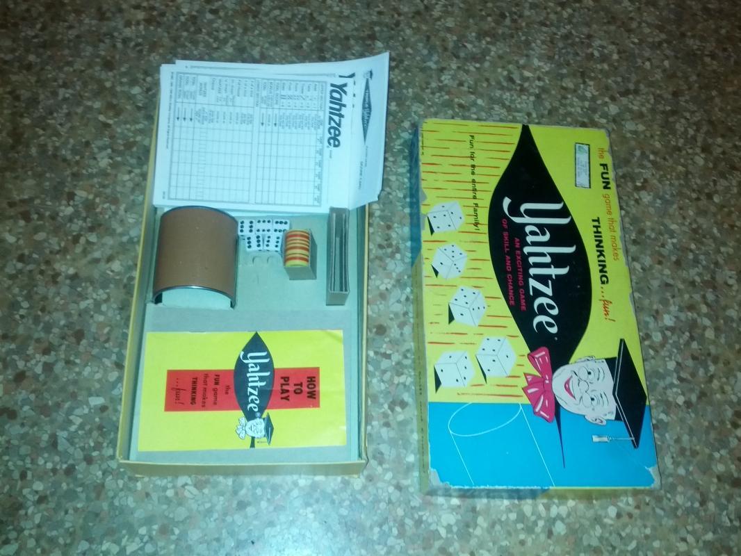 yahtzee dice skill game 1960's era family pastime lowe company new york usa manufactured activity
