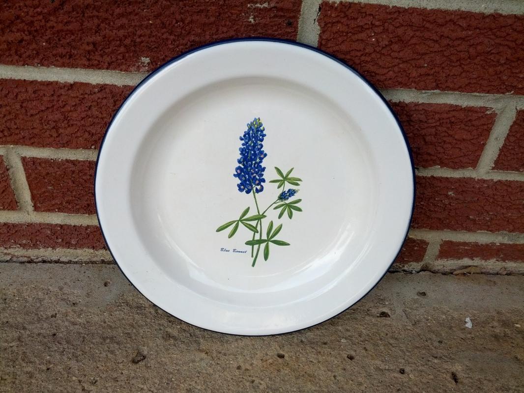 blue bonnet white granite ware serving plate spring time floral flower table decoration kitchen utensil