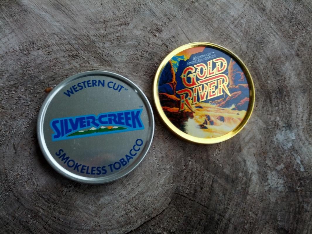 SNUFF SMOKELESS TOBACCO LID GOLD RIVER SILVER CREEK WESTERN CUT CHEW ADVERTISING