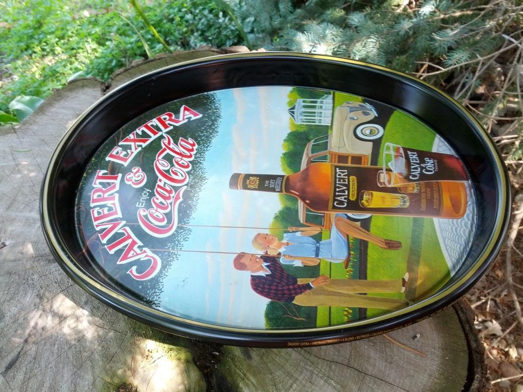 COKE COCA COLA CALVERT WHISKEY ADVERTISING TRAY PAINTED TIN SERVING PLATTER