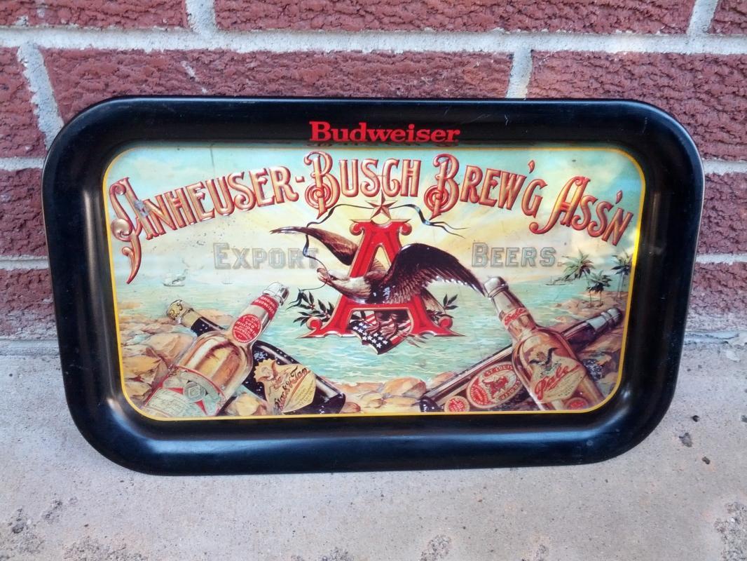 BUDWEISER ANHEUSER BUSCH BREWING ASSOCIATION BEER BEVERAGE SERVING TRAY STEEL SOUTH SEAS ADVERTISING PLATTER