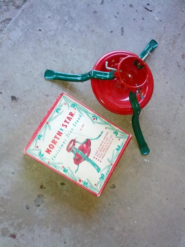 1950's red green steel christmas tree stand holiday fixture north star original cardboard box usa manufactured product