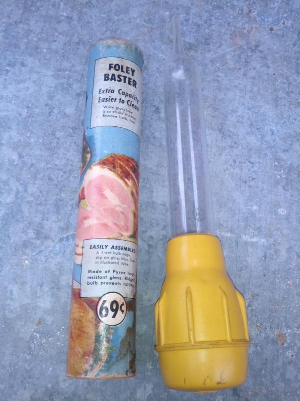 pyrex glass food baster foley brand advertising tube colorful cardboard sleeve retro kitchen utensil gravy preparation tool