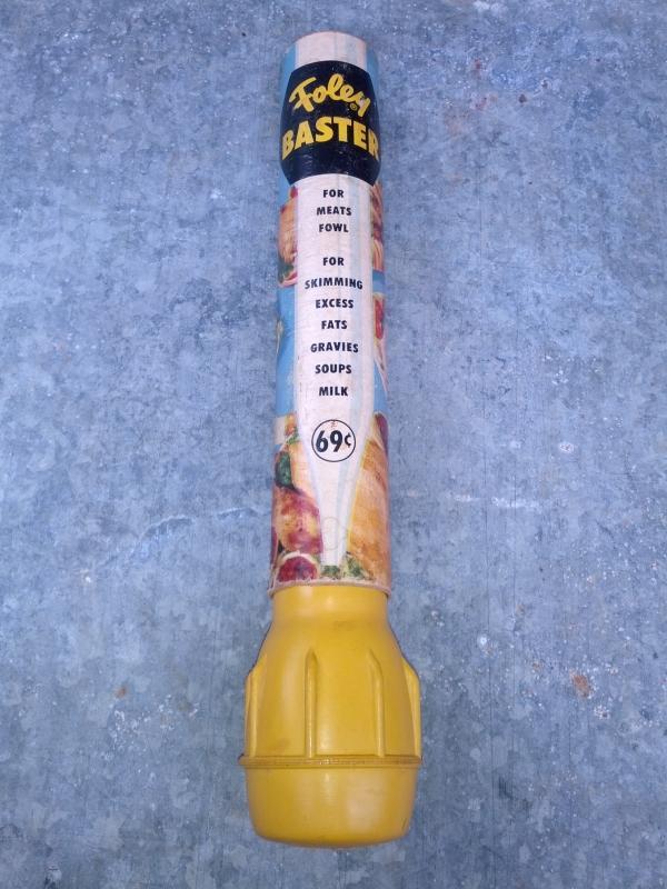 pyrex glass food baster foley brand advertising tube colorful cardboard sleeve retro kitchen utensil gravy preparation tool