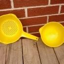 rubbermaid spaghetti pasta strainer measuring cup batter bowl yellow plastic kitchen utensil food preparation tools