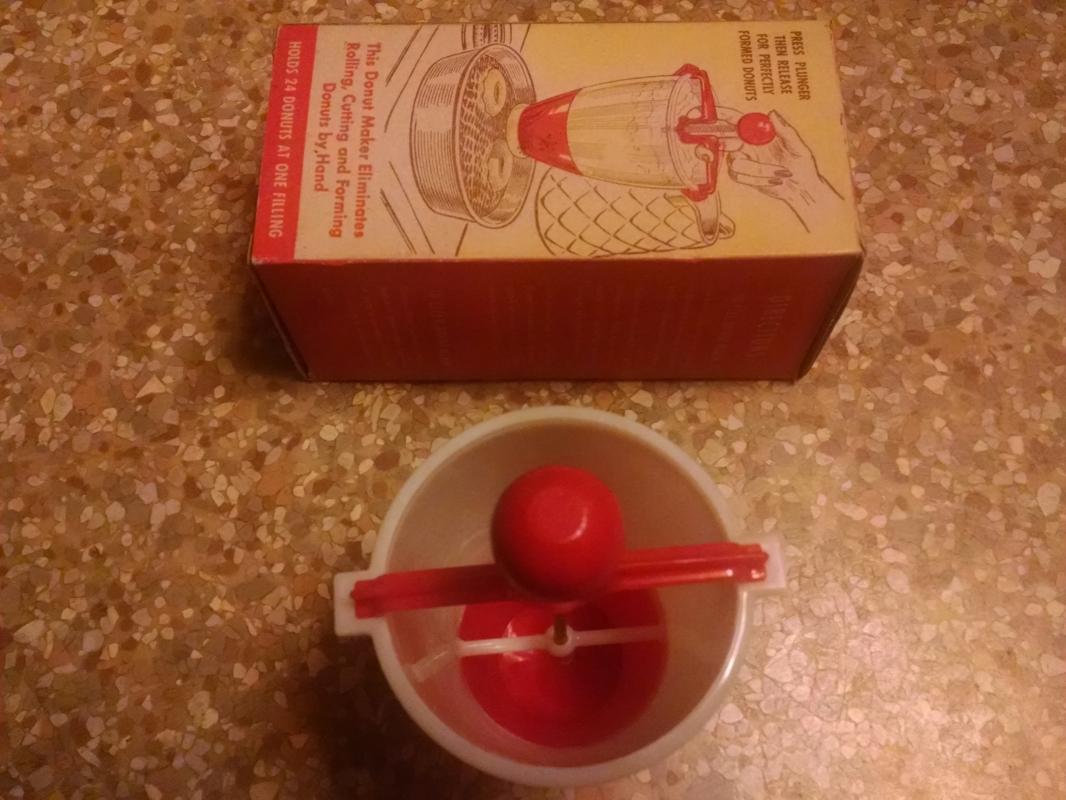donut pastry maker kitchen baking utensil home bakery doughnut batter tool popeil brothers chicago illinois original advertising box